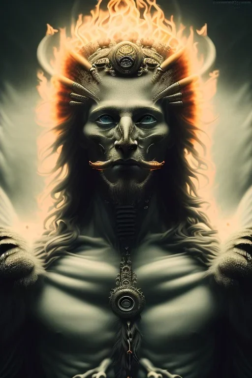 portrait photography of an ethereal beautiful animal god, Fire theme art, Dark moody night atmosphere, Portrait of a man by Michelangelo, 8K, close-up face, anatomically perfect face, ignore NSFW,cat,magic,city, steampunk, brutal native american chief ,apocalypse, set , dark sorrow,