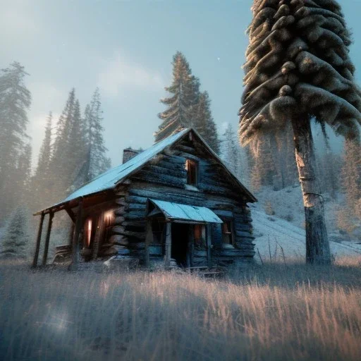 abandoned Ghosttown Gold mine Buildings in the mountains, winter, octane render, pine trees