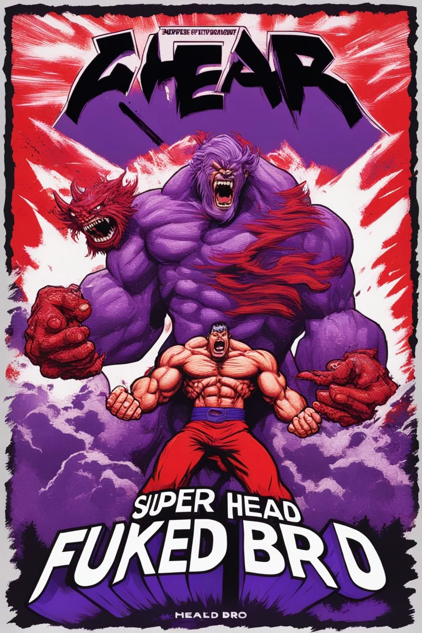 super head fuked title with movie poster title :HEAD FUKED SO MUCH BRO, monster more angry and more 90s style, angry fast, extreme, wild, so so angry, tough sexy red and purple background with 90s style slashes