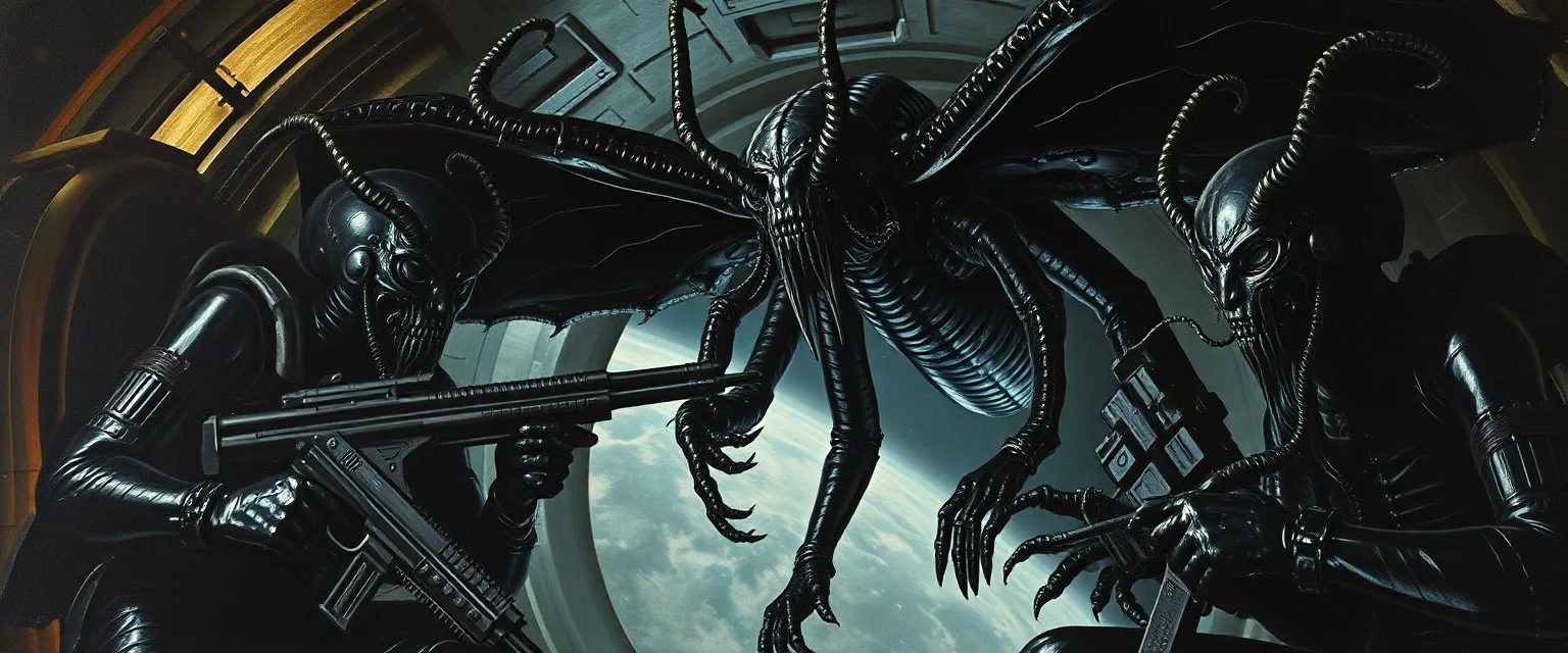 master oil painting by Rembrandt, black glistening slimy insectoid Nephilim tribe trauma watchers commando in spaceship, in the style of Giger