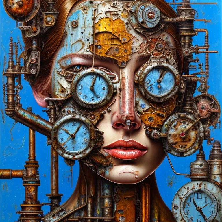 an abstract painting of rusted clocks, by lucian freud, rust, scaffolding, iron cladding, decay, mixed media, textured, anatomically correct, beautiful woman perfect face, blue eyes, sharp focus, highly detailed