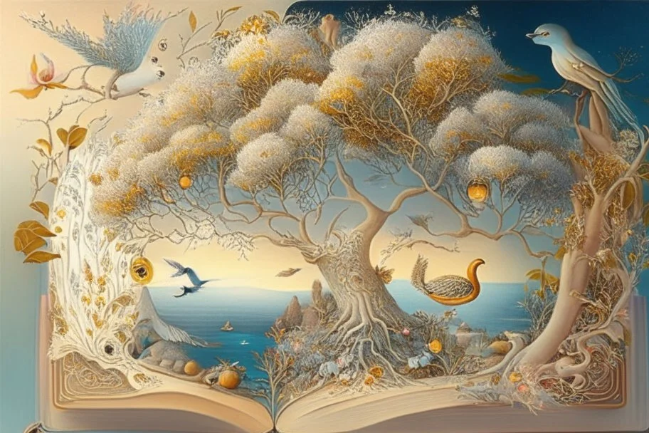 an art book with an illustration of flowers and exotics in the tree, in the style of light silver and light amber, whimsical dreamscapes, greek scene painting, aerial view, whimsical animals, sea and mountain scenes, glistening