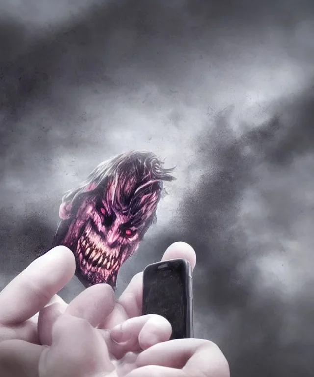 Demonic ghost climbing out of a cellphone screen