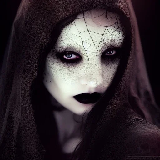 beautiful gothic woman with thick white spiderwebs on face, dark, runny mascara, 8k, high-quality, fine-detail, intricate, sharp, crisp, digital art, detailed matte, illustration, octane render, brian froud, howard lyon, Anne Dittman, Anne Stokes, Lisa Parker, Selina French