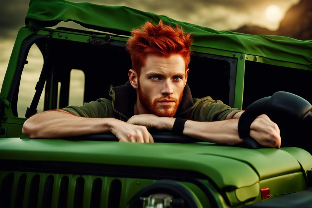 Young rugged looking male with red hair and green eyes sitting in a jeep close up photo realistic