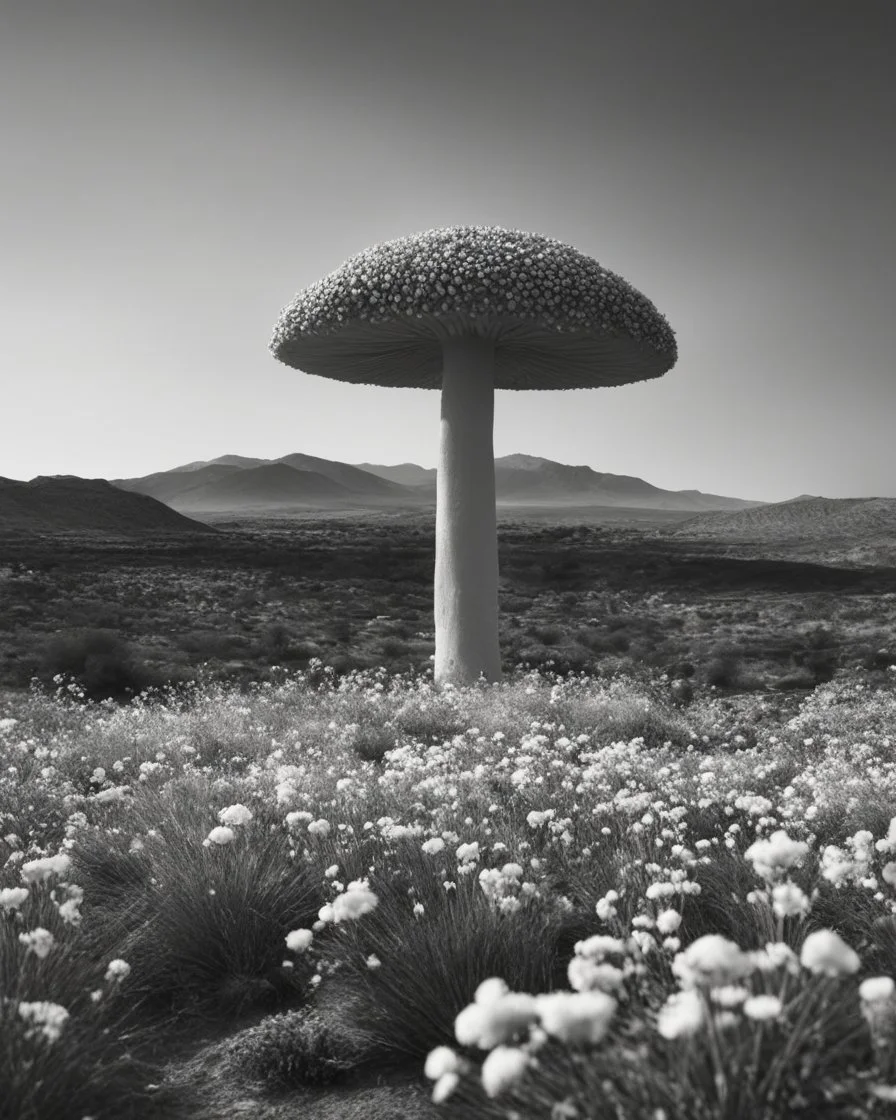 ULTRA REALISTIC, B&W Photograph, A mushroom cloud made of WHITE FLOWERS, in the distance in the desert, at Golden Hour, cinematic, cinematic shot, dynamic composition, details, intricate detail, professional lighting, film lighting, 35mm, anamorphic, lightroom, cinematography, bokeh, lens flare, film grain, hdr10, 8k, Roger Deakins, incredibly detailed, reflect, sharpen