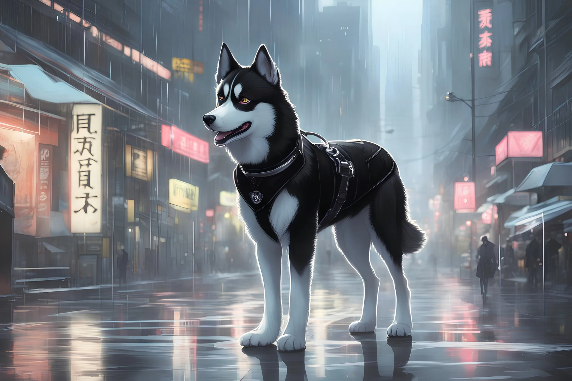 1 boy, black hair, face mask, elegant, bangs, gloomy, gothic, modern Chinese city, black and white husky dog on leash, beautiful hands, big eyes, black sports stylish suit, white sneakers, in 8k anime cgi drawing style, neon effect, close picture, rain, highly detailed, high details, detailed portrait, masterpiece, ultra detailed, ultra quality, large tv, neon lights