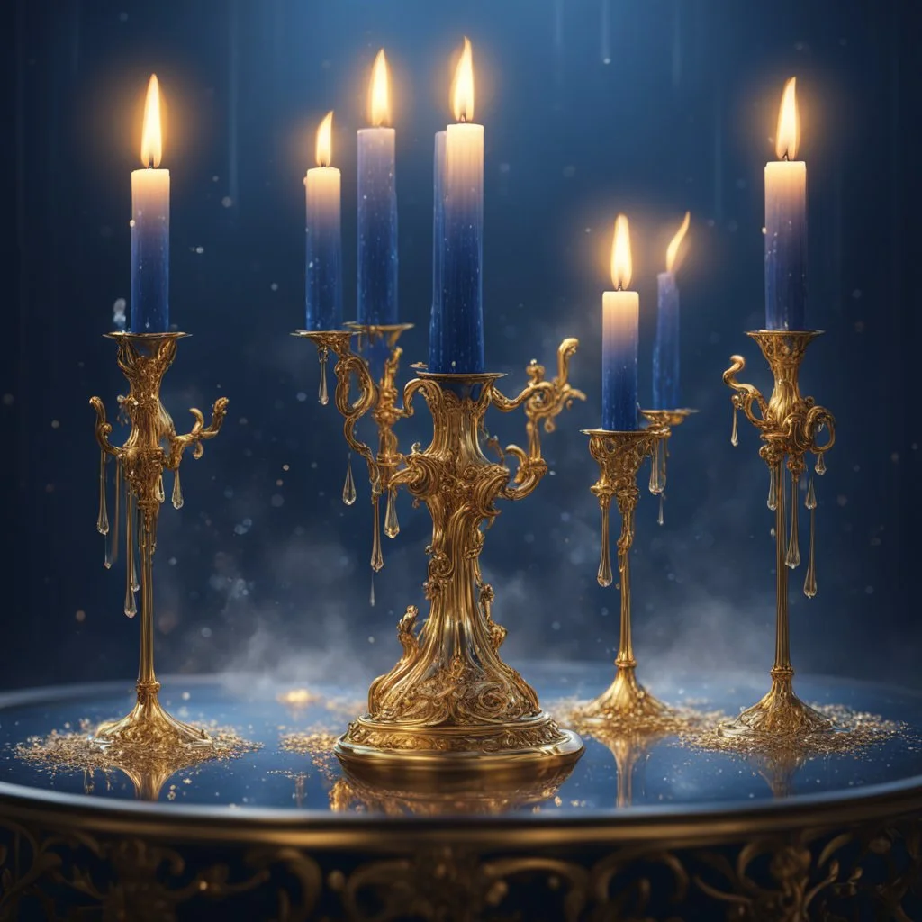 Midnight blue candles on a three-armed gold candlestick, dripping wax. Illustrative art, art interpretation, concept art, cgsociety contest winner, seasonal art, seasonal art HD, 4k, 8k, intricate, detailed, intricately detailed, luminous, translucent fantasy crystal, holographic data, soft body, shadow play, light, fog, atmospheric, cinematic, light film, hyper-detailed, hyper-realistic, masterpiece, atmospheric, high resolution, 8k, HDR, 500px, mysterious and artistic digital art, phototic, in