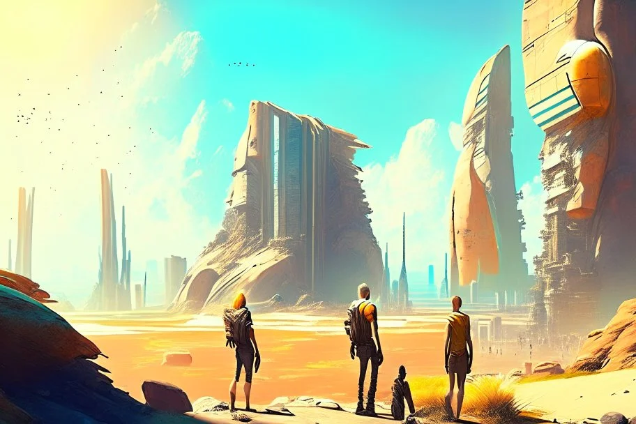 Sunny day, people near the, rocks seeing a distant modern city, sci-fi