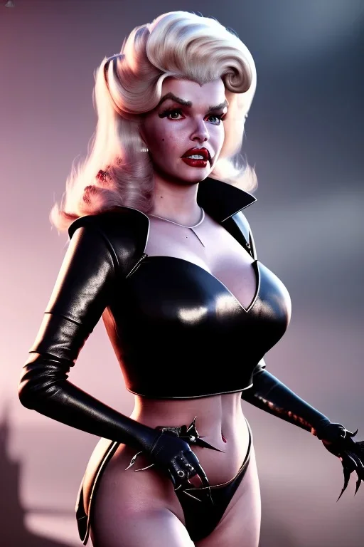 jayne mansfield as evil queen in black leather, angry, stern look, volumetric lighting, particales,highly detailed,cinematic, deep colours,8