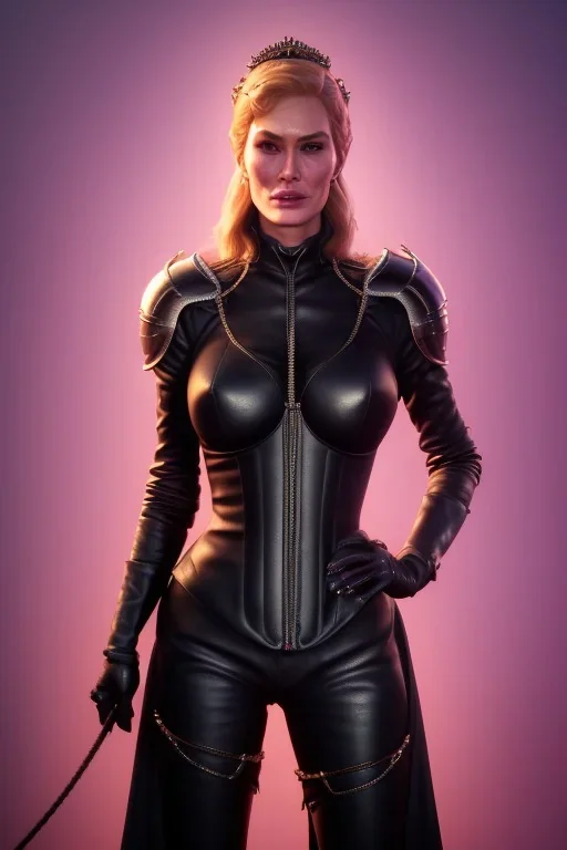 Cersei Lannister as evil dominatrix in black leather and high heeled boots, mistress, busty, cleavage, curvy, lena headay, angry, stern look. character design by cory loftis, fenghua zhong, ryohei hase, ismail inceoglu and ruan jia. unreal engine 5, artistic lighting, highly detailed, photorealistic, fantasy