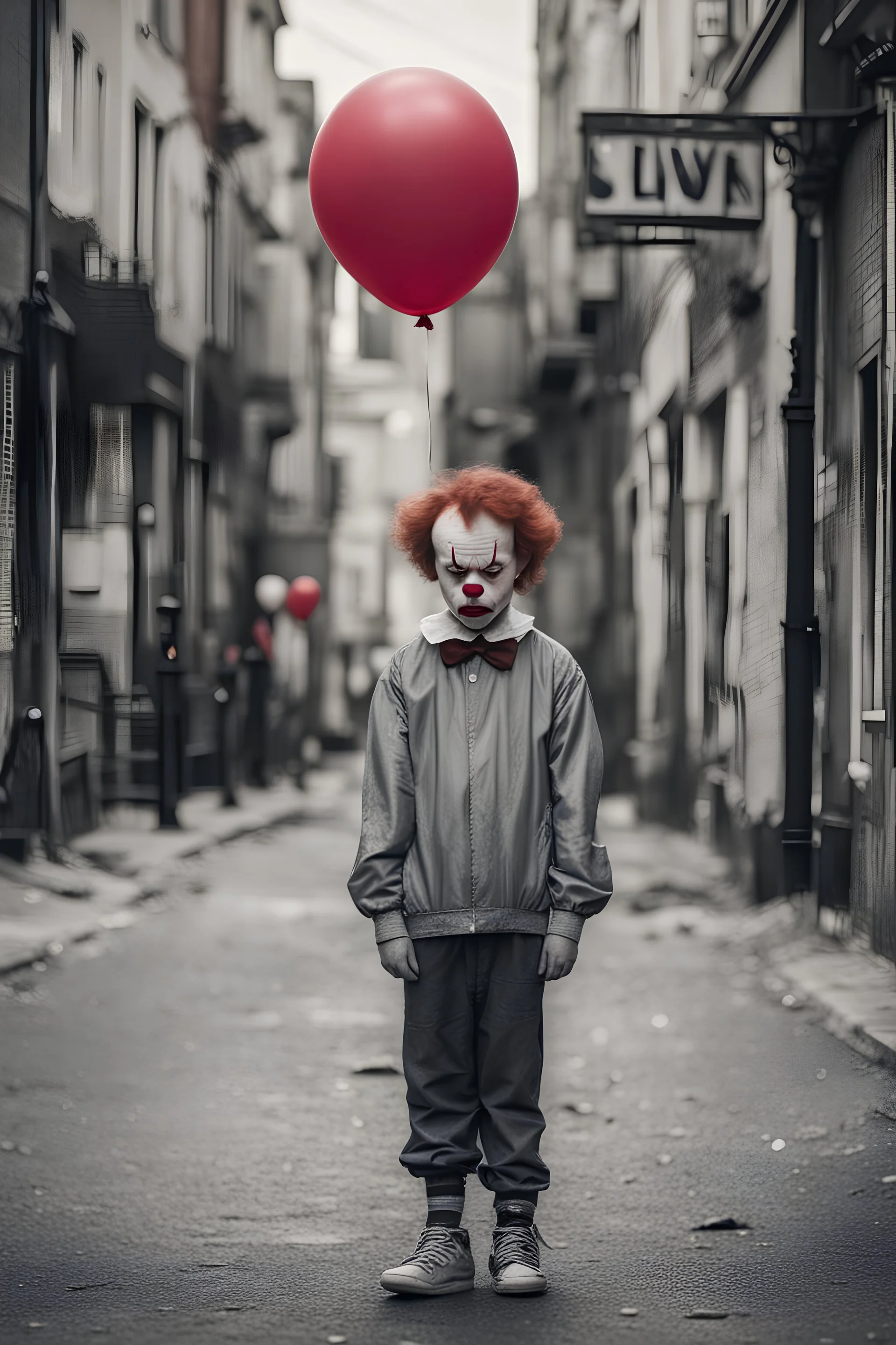 sad boy like Pennywise in the street Holding a balloon