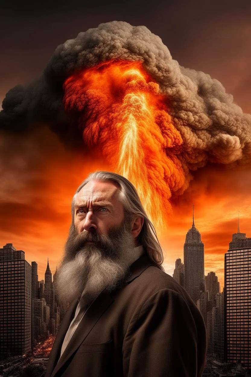 A volcano exploding over a New York City, inside the explosion flame a man with long beard face