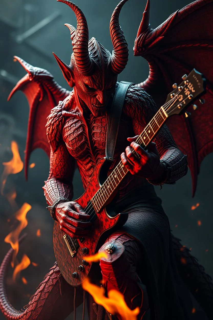 The devil playing the victim and guitar, looking at you ,red skin, scales, unreal engine 6, high detail, intricate, cinematic. photoshoot style, intricate, studio lighting, masterpiece , highly detailed, 8k, best quality, fire, smoke, dramatic,d,<lora:mshn:0.7>,<lyco:Warrior_Couture:0.5>,