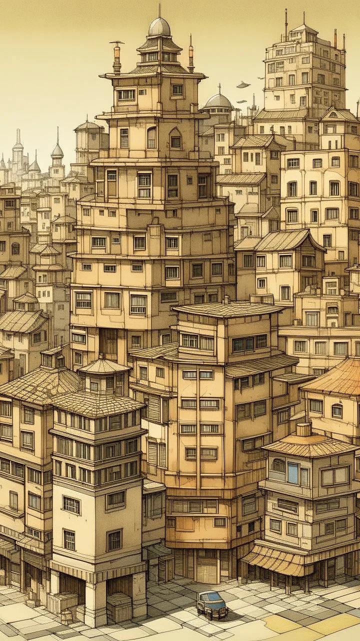 A brown city with blocky buildings painted by Hashimoto Gahō