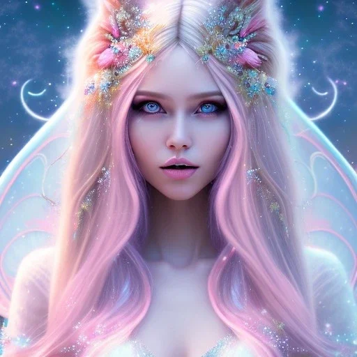 beautiful, soft, big smile face, whole head, long straight blonde hair blues eyes, crown on the head, clothing in transparent bluish and pink veil,fairy wings on the back, background brillante bluish and pink, hight definition, 8K