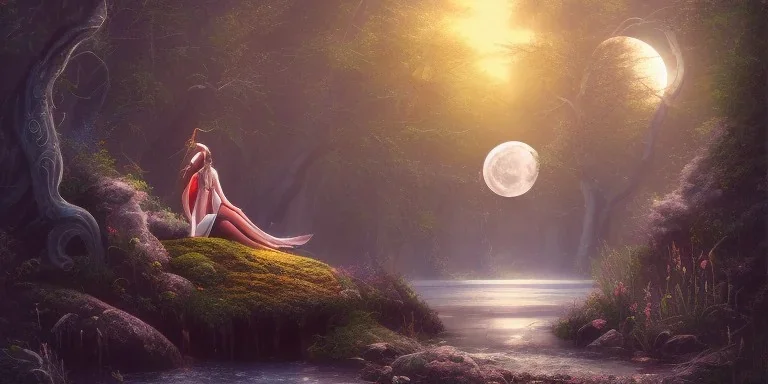 landscape, sea, chalice well, beautiful lady, meditation, moon, forest, fantasy