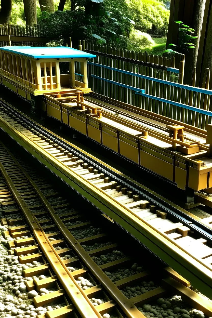 A toy one-passenger suspended monorail track built in my back yard, made from plywood and 2x4 lumber.