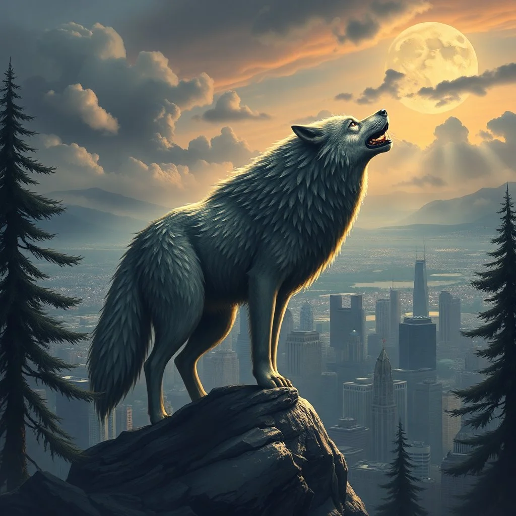 image of a large wolf high above the city