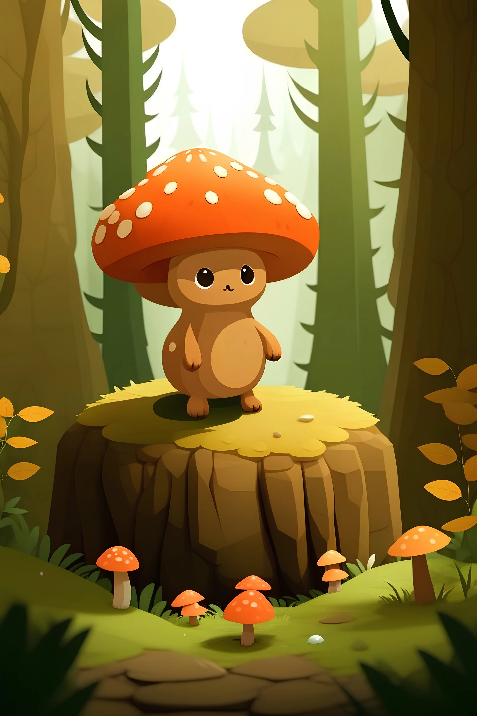 Vector image of a cute, young and agile character of a mixed animal, mixed acorn, standing in a Nordic forest with big rocks, moss and mushrooms in the background