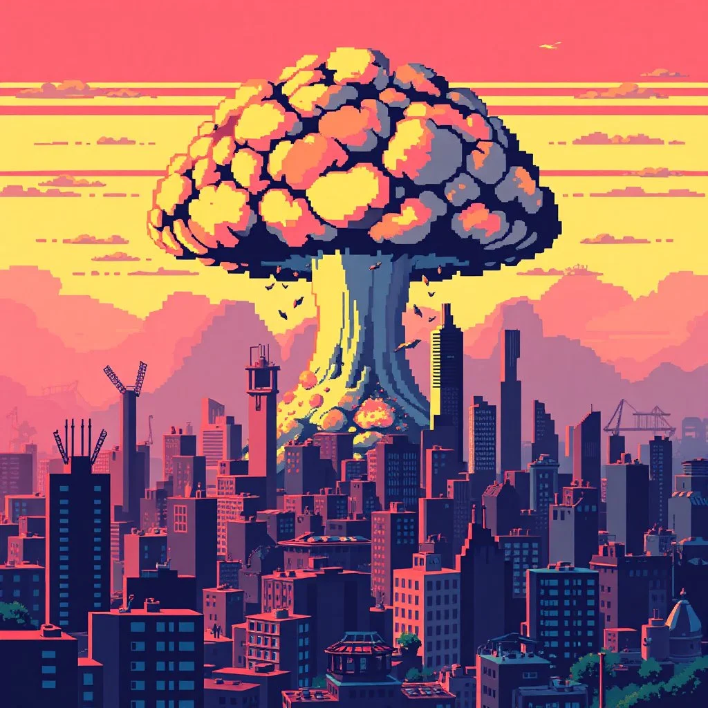 8 bit pixelart city, atomic mushroom cloud, synthwave, destroyed city