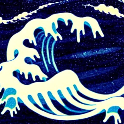 An astronaut floating in space surrounded by a halo of glowing jellyfish, done in the style of Hokusai's The Great Wave off Kanagawa