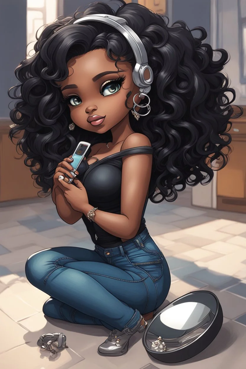 Create a futurism magna art of a black chibi curvy female sitting on the floor looking at herself in a hand mirror. She is wearing tight blue jeans and a black off the shoulder blouse. Prominent make up with lush lashes. Highly detailed long wavy hair. She is also wearing silver large hoop earringsart of a black chibi curvy female sitting on the floor looking at her cell phone. She is wearing tight blue jeans and a black off the shoulder blouse. Prominent make up with lush lashes.