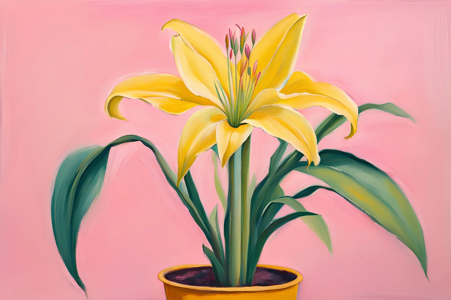 messy and playful acryl painting of a tall bayonet lily in a bright yellow pot, with soft pastel pink background