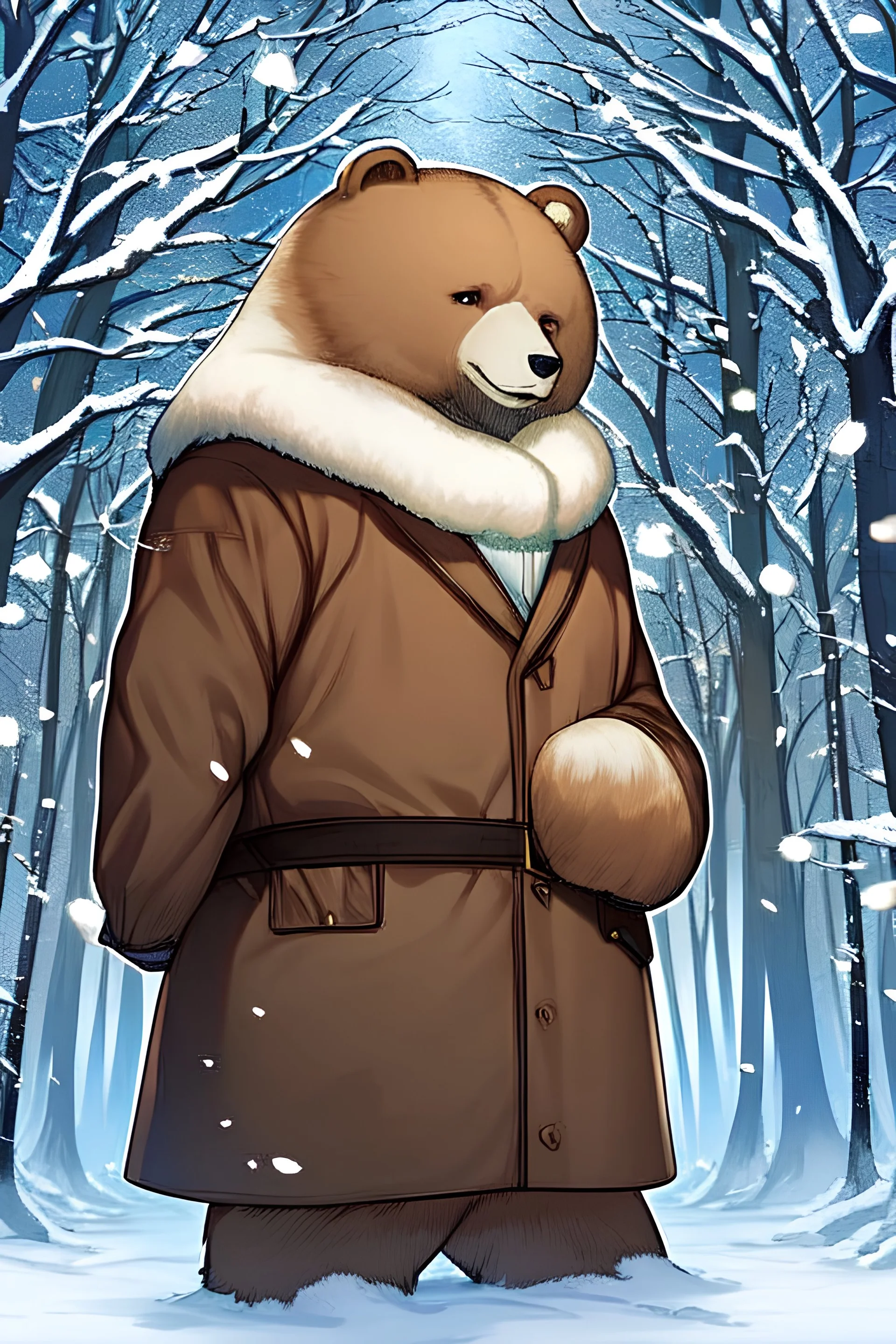 a bear girl with a brown coat in a snowy forest