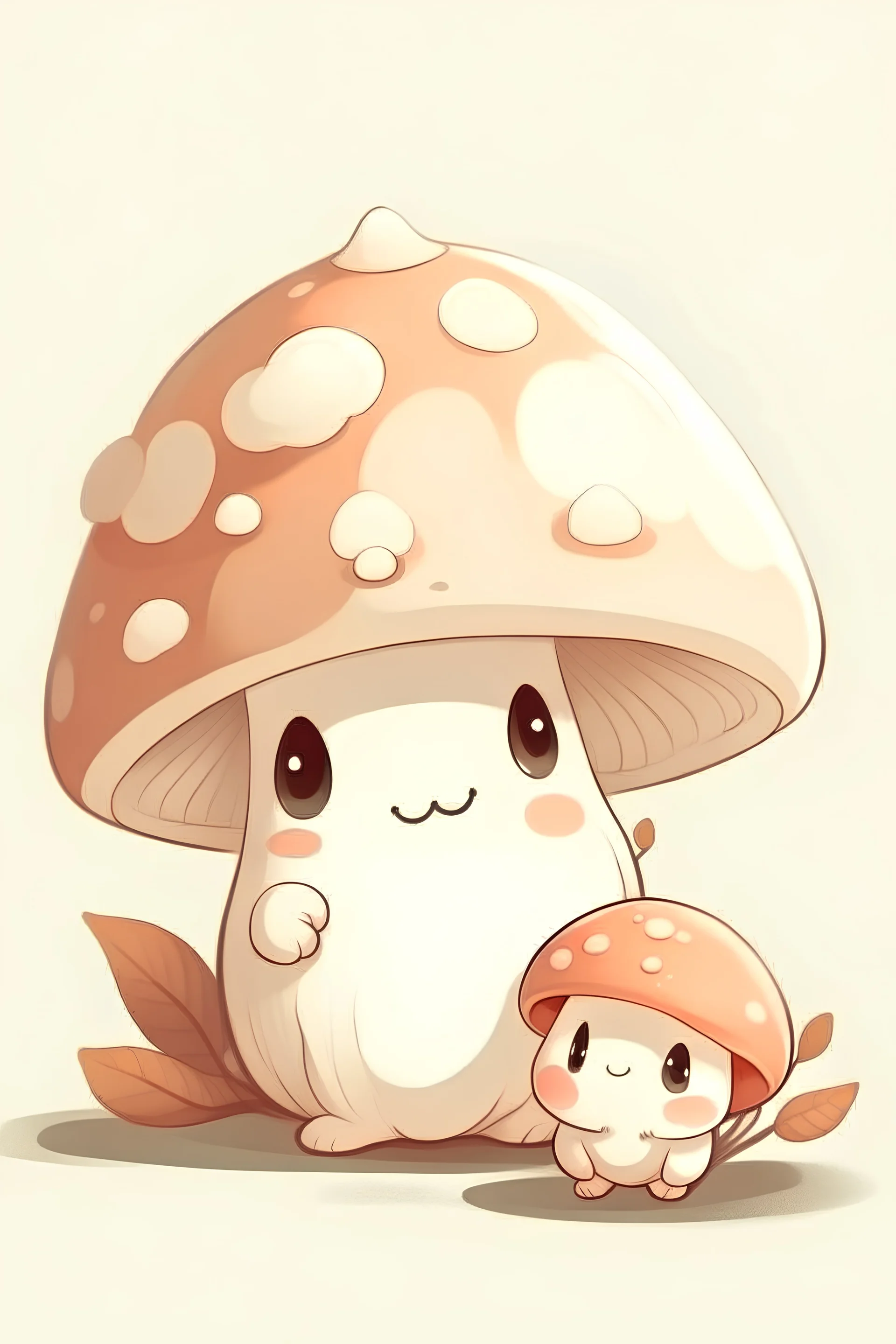 Cute mushroom, soft colors, one baby mushroom and mama mushroom