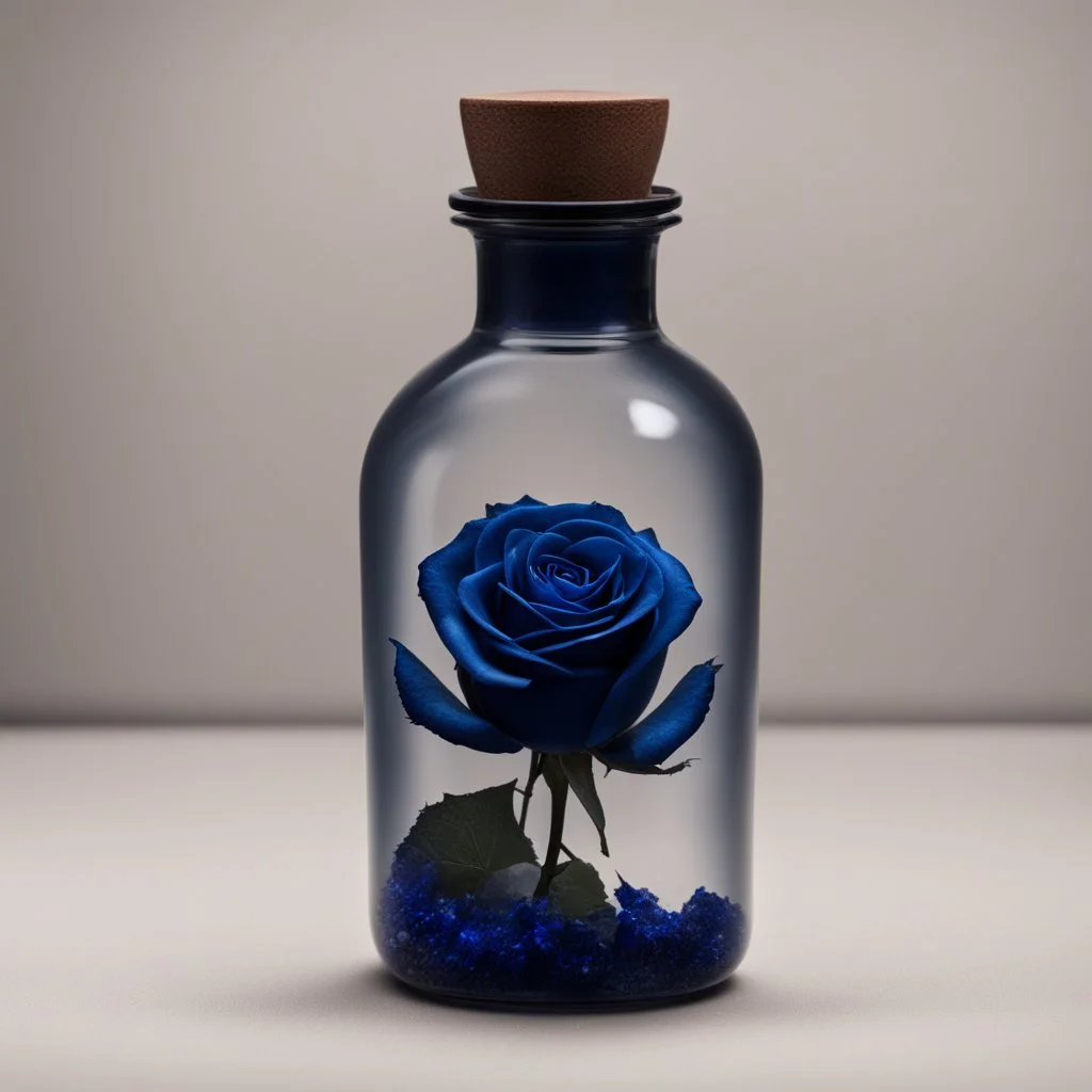 Midnight blue rose in a bottle