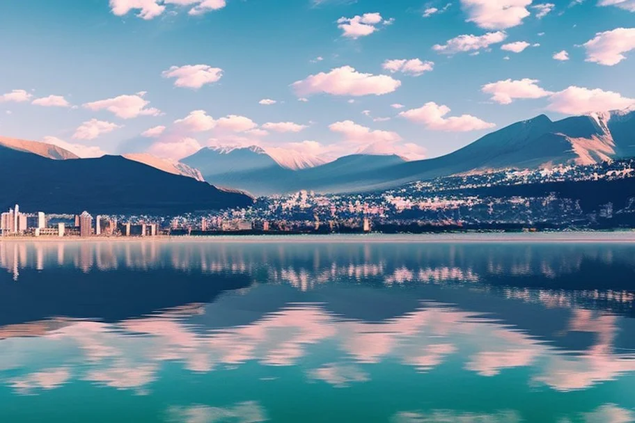 Sunny day, modern city, lake, lake reflections, people, mountains