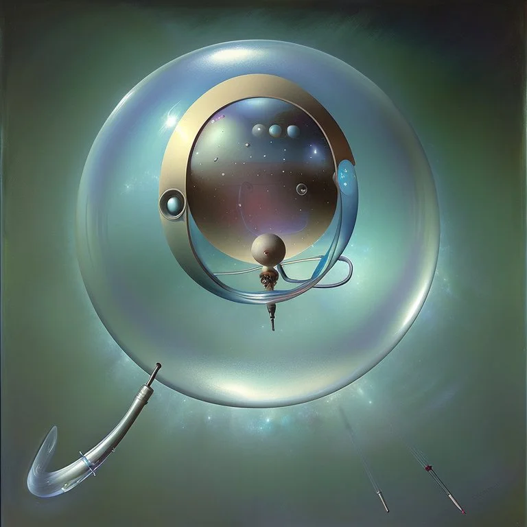 a Soap Bubble formed by multiverse-like complex surgical instruments mixed with galaxy-like musical instruments,Painting By Adrian Ghenie, Rene Magritte, Salvador Dali, Lucian Freud