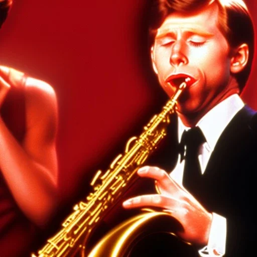 eyes closed REd-haired ron howard as richie from happy days Is playing the saxophone with his "eyes closed", rock band, saxophone lips