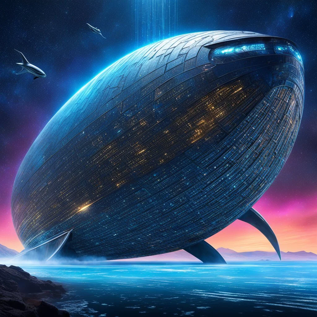 Bigger! Wilder! Whoa! this whale spaceship passes over the camera, it is an hybrid between code and metal: a gigantic metallic structure covered by cryptic code. The metallic surface gleams in the space void, reflecting the harsh rays like a mirror. The cryptic code, a language unknown to any human, glows softly, pulsating with an otherworldly energy.
