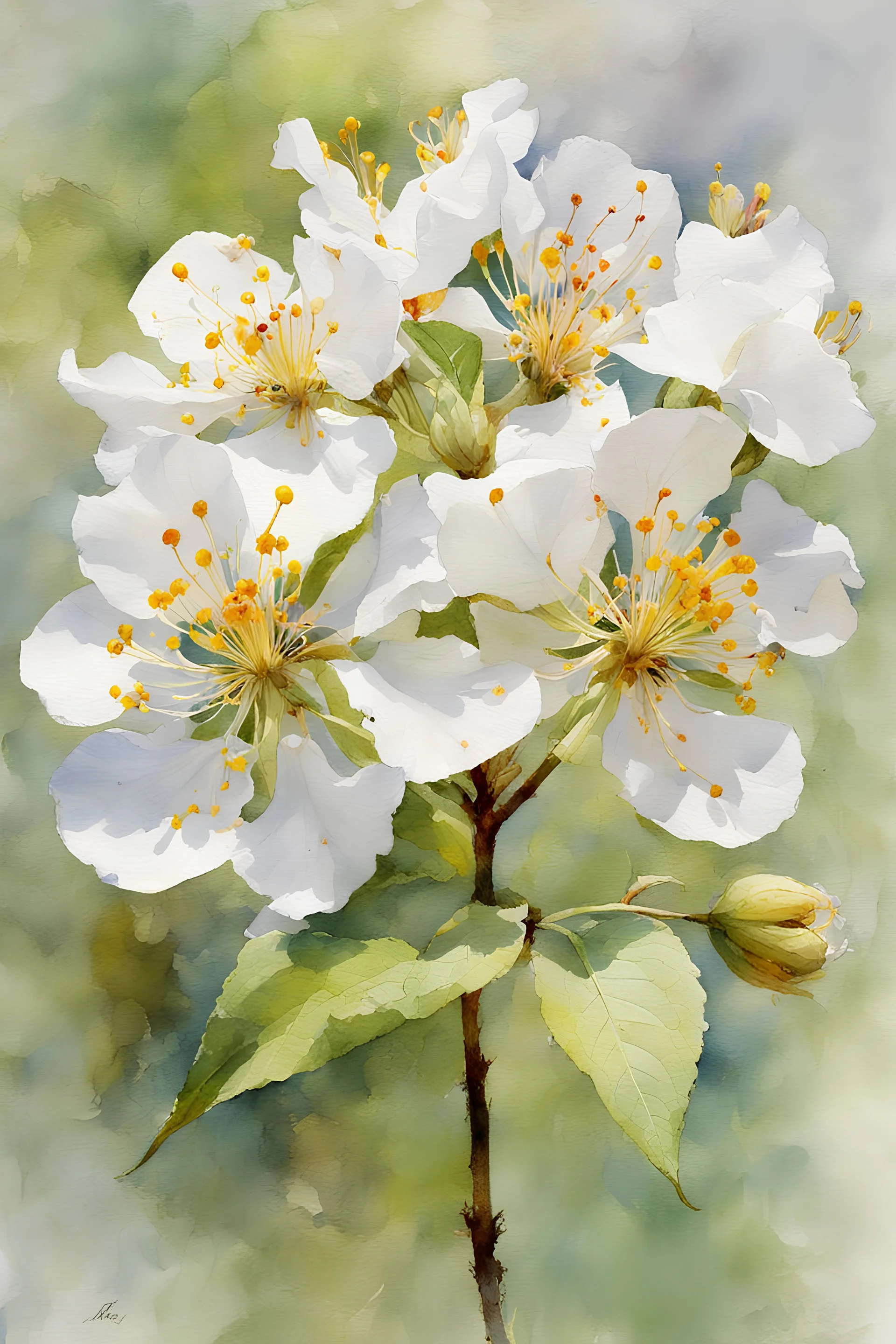 Runny watercolor painting, by Richard Schmid, ((best quality)), ((masterpiece)), ((realistic, digital art)), (hyper detaile), Richard Schmid style, intricate details, northern catalpa flowers, white background, vivid coloring, some splashes