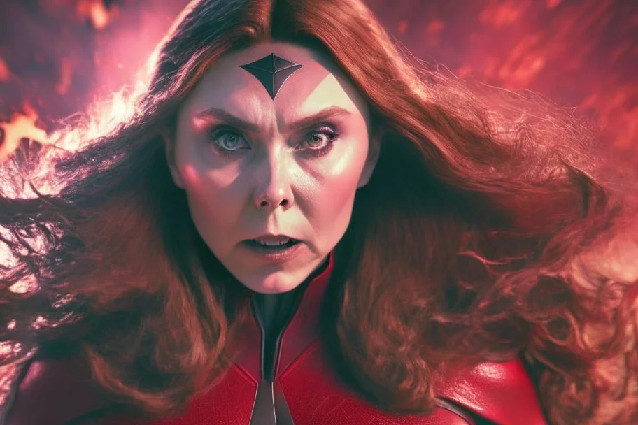 Mulher, feiticeira escarlate, rosto da atriz elizabeth olsen, rosto de wanda maximoff, cabelos ruivos, muito brava, wanda Marvel, expressão de raiva, 4k render, vilã, voando, imagem de longe, manipulando magia, raiva, corpo inteiro, olhos marcantes, mãos atirando magia do caos vermelha, cidade de destruição, cores frias, cinematográfico, dramático. Traje da wanda inspirado no filme doutor estranho no multverso da loucura da marvel, saindo magia de suas mãos,