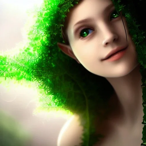 sourceress girl, beautiful, cute, intricate ivy in the hairs, green skin, misterious smile, like an elf, spotlight, sun rays, high definition, cinematic, rendering