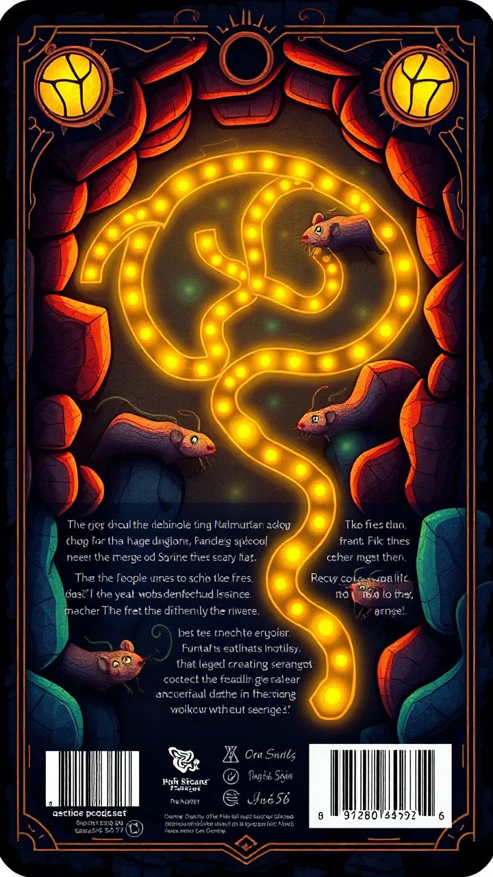 "Card back featuring a mystical dungeon maze design with glowing trails, tiny cartoon rats exploring paths, whimsical fantasy vibe, glowing runes, vibrant and colorful, symmetrical layout, polished illustration style."
