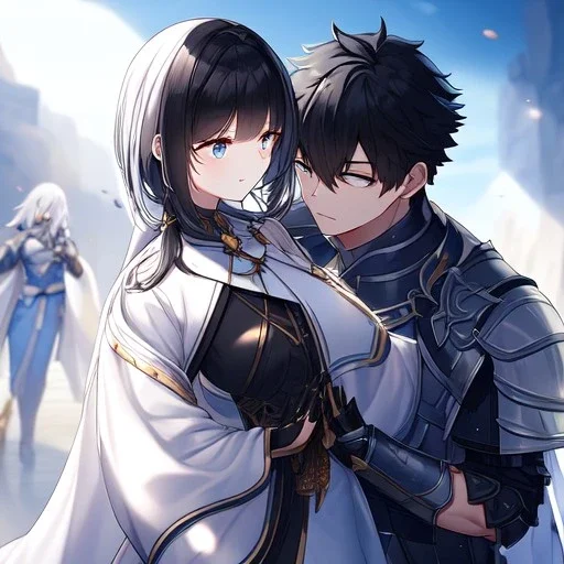 Girl with white hair wearing white robes. Boy with black hair wearing leather armor