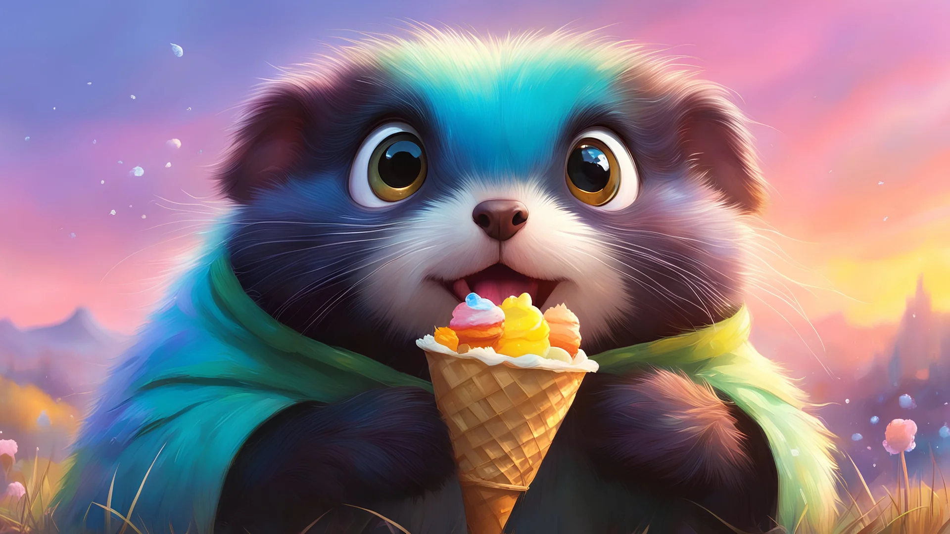 in the style of Disney animation studios and Pixar, Pastel, Lemming, Precision, Action-packed, Vertical[,candy meadows :5][,Ismail Inceoglu:15][, realistic detailed iris eyes:12][, holding ice cream, about to bite:10][, bright colored eyes:12]