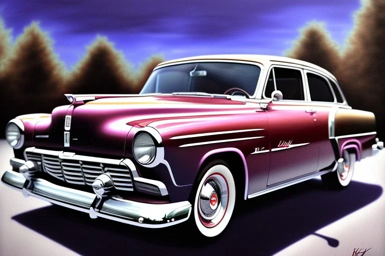 a true-to-life 1952 ford mainline sedan, classic wheels, centered, intricate, extreme detailed, photorealism, center view, suburb background, pivot on ford, pen and color marker, painting by cheryl kelley