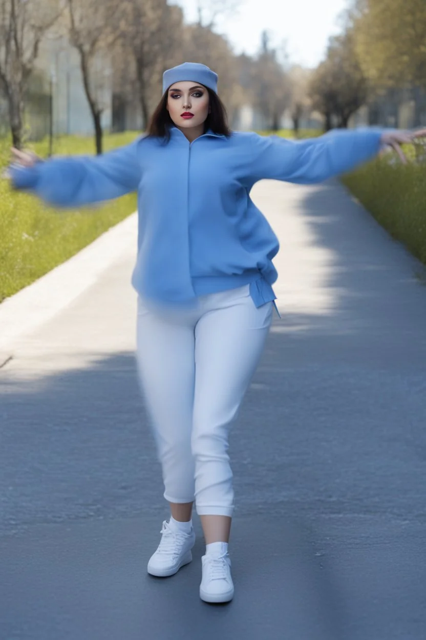 full body of very beautiful girl with pants and blouse and jacket , curvy hair ,standing idle pose in studio pretty makeup,perfect face,sport shoes