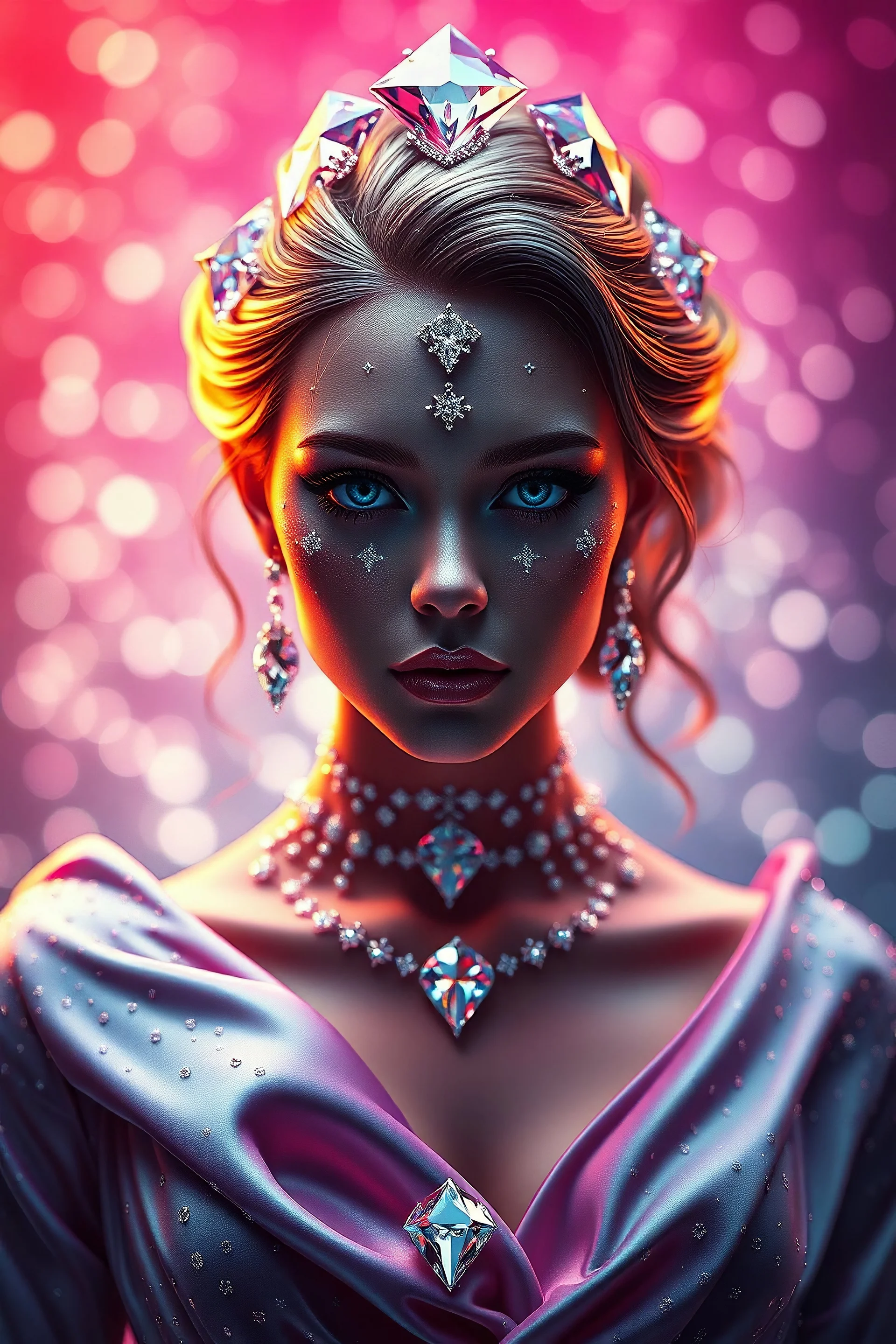 Gorgeous woman created from diamond, facing front, silk, diamonds, gems, sparkling dots, in crystal background, style Darek Zabrocki, magic realism, gradient colors, cinematic lighting, bokeh, Ultra-detailed Quality 3D, 3d render octane, Unreal engine 5 effects, VFX, Isometric, Made in blender, 8k sharp focus, cinematic, ultrahd, highly detailed, ultra photorealism fantasy