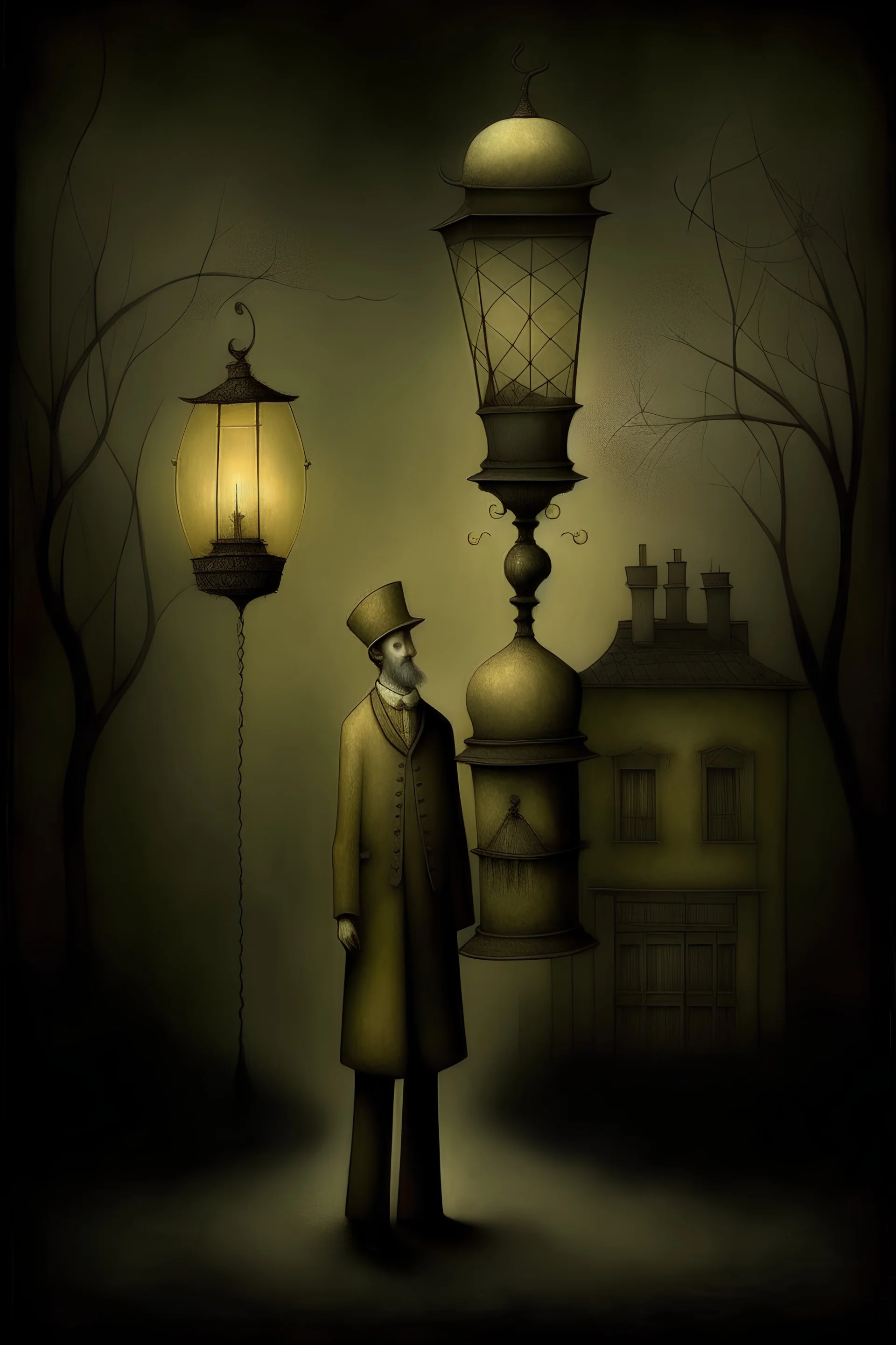 Neo Surrealism, by Gabriel Pacheco and Max Ernst, painting a man with lantern in evening , fantasy Victorian art, magical realism bizarre art, pop surrealism, like Alice in wonderland, whimsical art.