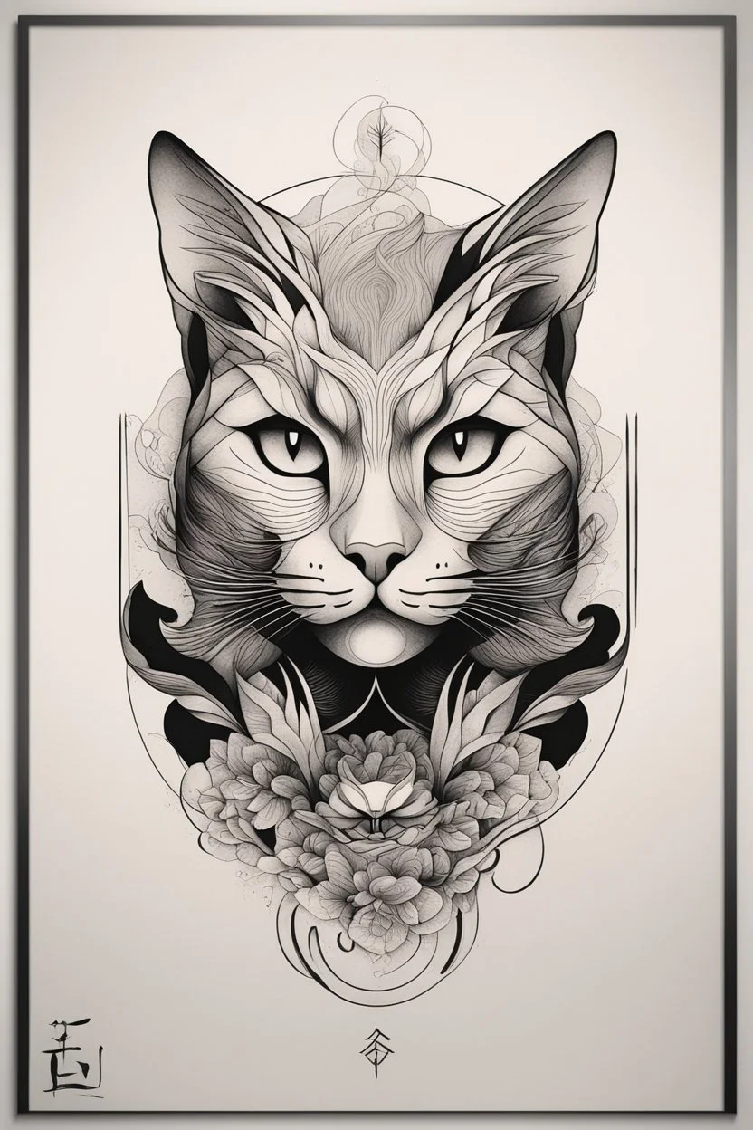 Create a captivating modern 2d ink tattoo design for print , prestigious Sacred Cat using the elegant influences of japan art style, for print, dynamic elements from fashion and design, and bold Japanese contemporary art aesthetics, framing centered in the center, distanced from the edges of the paper perimeter, perfect anatomy, bauhaus, Divine Proportion,