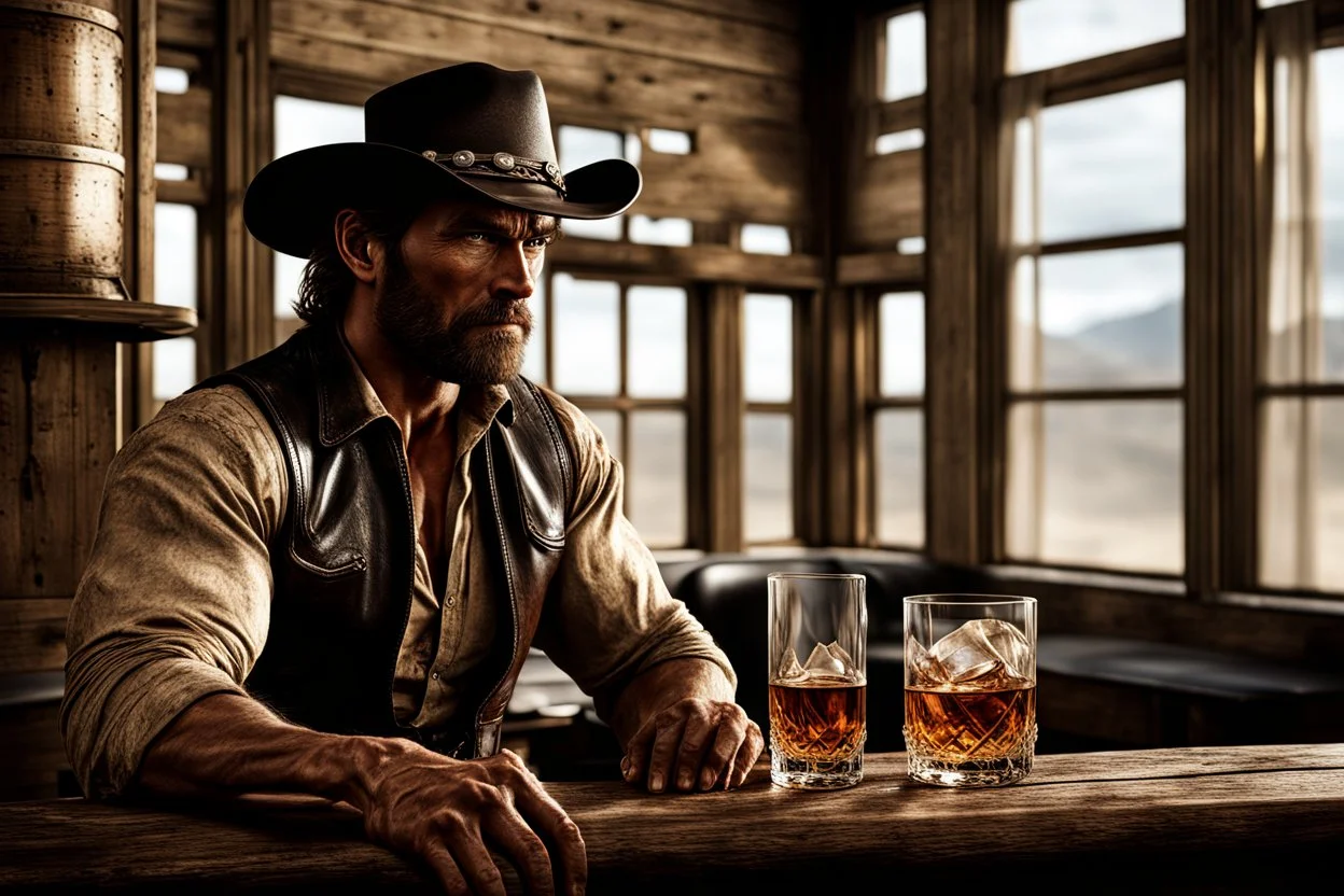 Rough looking muscular cowboy photorealistic in a saloon whisky glass in his hand