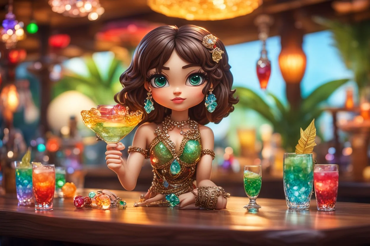 Coloured glass cute chibi brunette woman in the tiki bar with cocktails set with gemstones, glittering metal stems and gemstone leaves on a room table sharp focus elegant extremely detailed intricate very attractive beautiful dynamic lighting fantastic view crisp quality exquisite detail gems and jewels S<AI in sunshine Weight:1 Professional photography, bokeh, natural lighting, canon lens, shot on dslr 64 megapixels sharp focus Weight:0.9