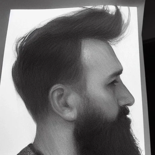 moody tiny charcoal side profile portrait of a bearded man, smudged charcoal, side on profile, charcoal portrait, artistic black and white profile portrait, delicate, highly detailed, chiaroscuro, beautiful composition, delicate arrangement, aesthetic, soft lighting, tender