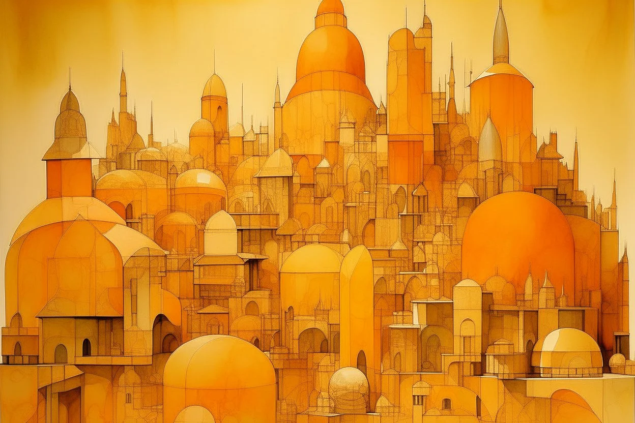 A yellowish orange colored European like noisy city designed in Ica stones painted by Raymond Duchamp-Villon